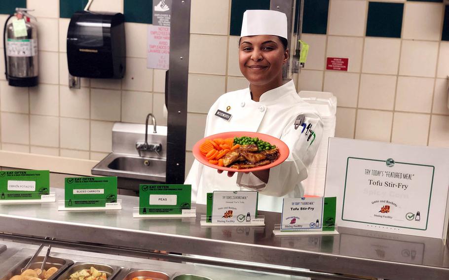 The Army says the Guns and Rockets Dining Facility at Fort Sill, Okla., is the first facility in the service to offer soldiers a 100 percent plant-based entree at every meal.