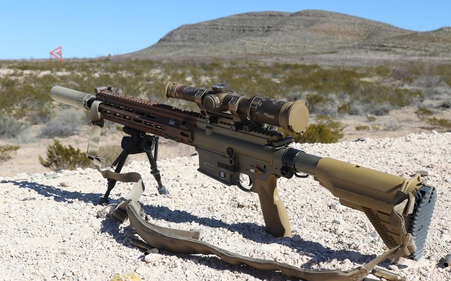 The Heckler and Koch Squad Designated Marksman Rifle, or SDM-R, was tested for two weeks at Fort Bliss. The SDM-R is designed to give soldiers increased effective range while still maintaining close quarters capability. The 1st Stryker Brigade Combat Team, 1st Armored Division, was selected by U.S. Army Forces Command to be the first brigade fielded with this weapons system. This rifle is designed shorter, and lighter than previous models. It includes an Image Intensifier Night Vision Sight to maintain combat operations limited visibility.