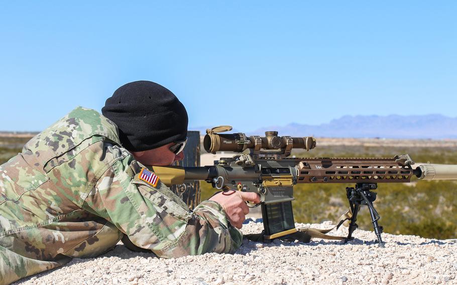 Spec. Trey Judy assigned to Alpha Company, 1st Battalion, 36th Infantry Regiment along with 15 additional soldiers assigned to 1st Stryker Brigade Combat Team, 1st Armored Division, fires the newly developed Squad Designated Marksman Rifle, or SDM-R, on Jan. 25 at Fort Bliss, Texas. Feedback from the infantrymen will assist Program Executive Office Soldier to collect data and make potential changes to the SDM-R or ammunition before mass fielding. The SDM-R is part of the U.S. Army modernization process, leveraging commercial innovation, cutting-edge technology, prototyping and soldier feedback.