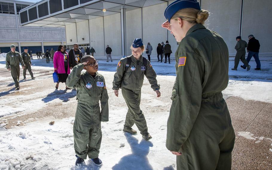 The Air Force Academy's Cadet for a Day program, in partnership with the Make-A-Wish Foundation, hosts 9-year-old Je'Moni Ford and his family, Friday, March 15, 2019. Since 2000, the Cadet for a Day initiative has provided young people facing severe medical challenges with the opportunity to experience life as a cadet.