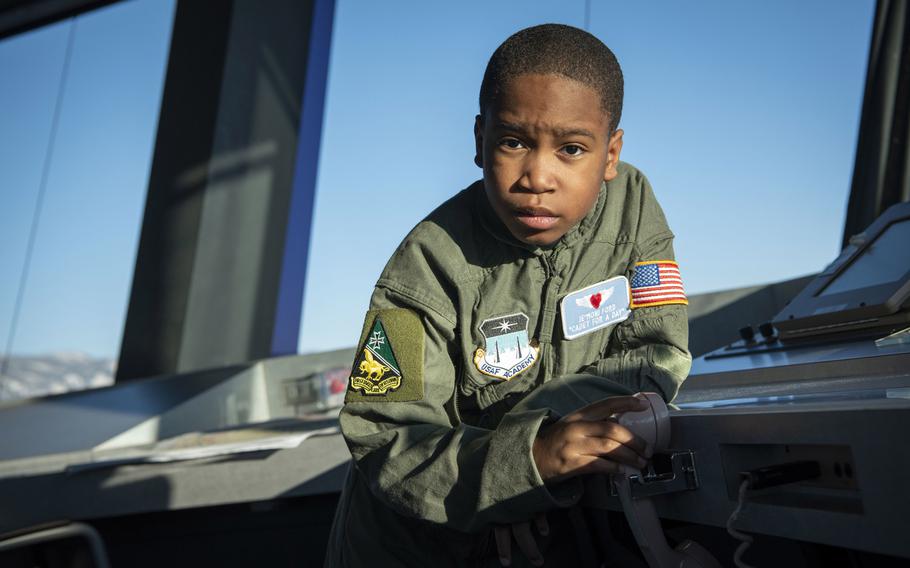 The Air Force Academy's Cadet for a Day program, in partnership with the Make-A-Wish Foundation, hosts 9-year-old Je'Moni Ford and his family, Friday, March 15, 2019.  Je'Moni was diagnosed with a rare form of cancer in 2017 and endured six surgeries to remove the cancer and reconstruct his hand.