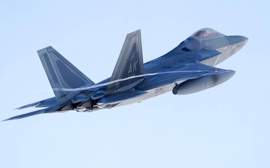 An F-22 Raptor takes off from Joint Base Elmendorf-Richardson, Alaska, after an elephant walk, Tuesday, March 26, 2019.