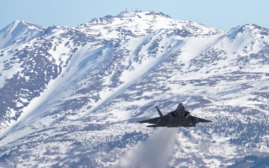 An F-22 Raptor takes off from Joint Base Elmendorf-Richardson, Alaska, after an elephant walk, Tuesday, March 26, 2019.