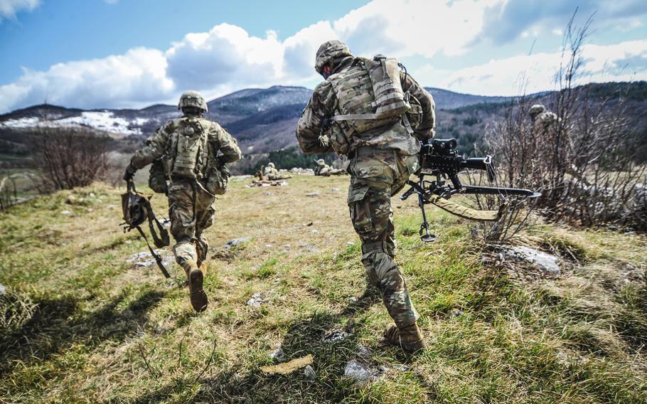 U.S. Army paratroopers assigned to 1st Battalion, 503rd Infantry Regiment, 173rd Airborne Brigade, run to their firing position during exercise Eagle Sokol 19, at Pocek Training Area, Slovenia, March 26, 2019.