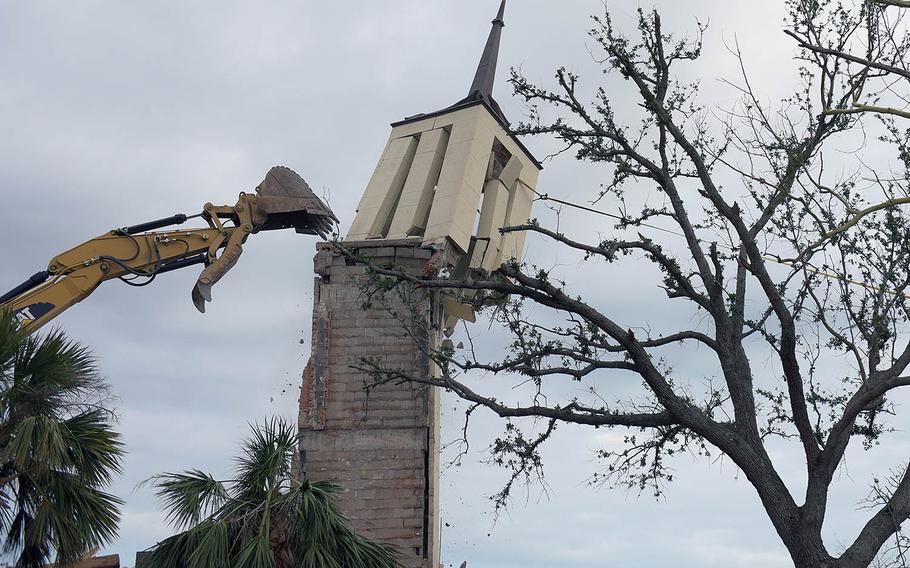 The chapel steeple at Tyndall Air Force Base, Fla., is demolished Feb. 15, 2019, four months after Hurricane Michael severely damaged the base.