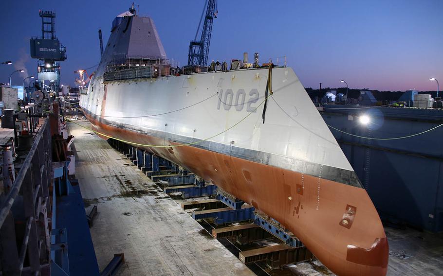 Scheduled for christening Saturday, April 27, 2019, the USS Lyndon B. Johnson was built at Bath Iron Works, Maine, as shown here on Dec. 9, 2018.