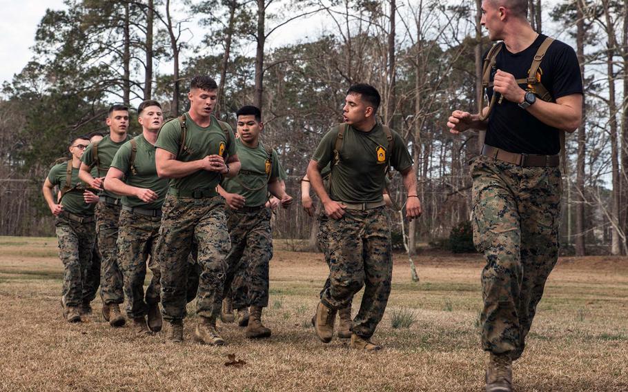U.S. Marine Corps Sgt. Zachary R. Van Dusen, leads Corporal's Leadership Course students in a physical training exercise at Marine Corps Air Station Cherry Point, N.C., Feb. 25, 2019. Heat-related illnesses increased among troops during the past five years, and young Marines and soldiers based in the southeastern U.S. were most at risk, according to a new military medical report.