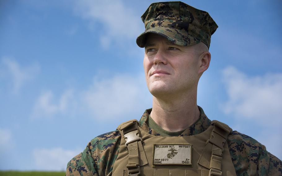 Master Gunnery Sgt. Michael Williams, the senior enlisted Marine in mortuary affairs, poses at Camp Foster, Okinawa, Japan, May 8, 2019.