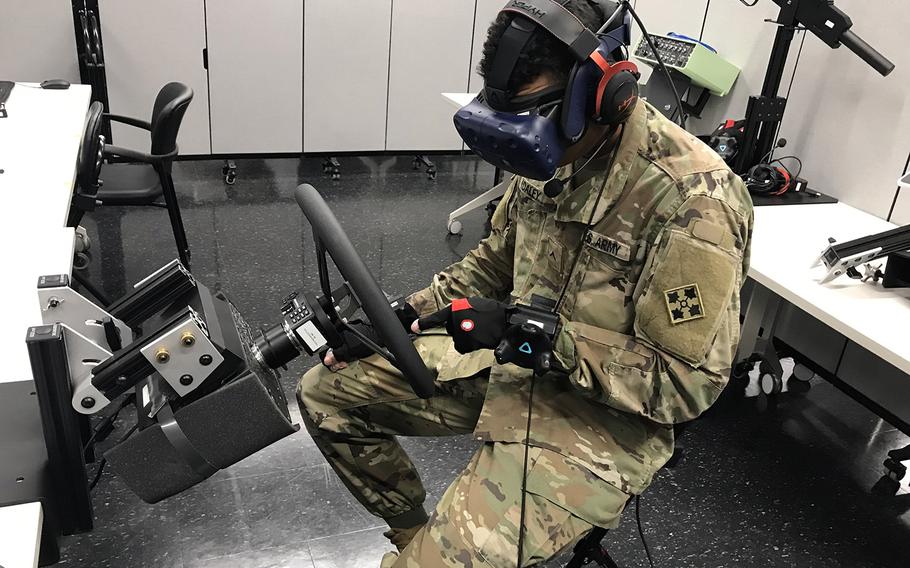 A soldier at Fort Riley, Kan., operates the Army's prototype for a reconfigurable virtual trainer during an assessment in April.