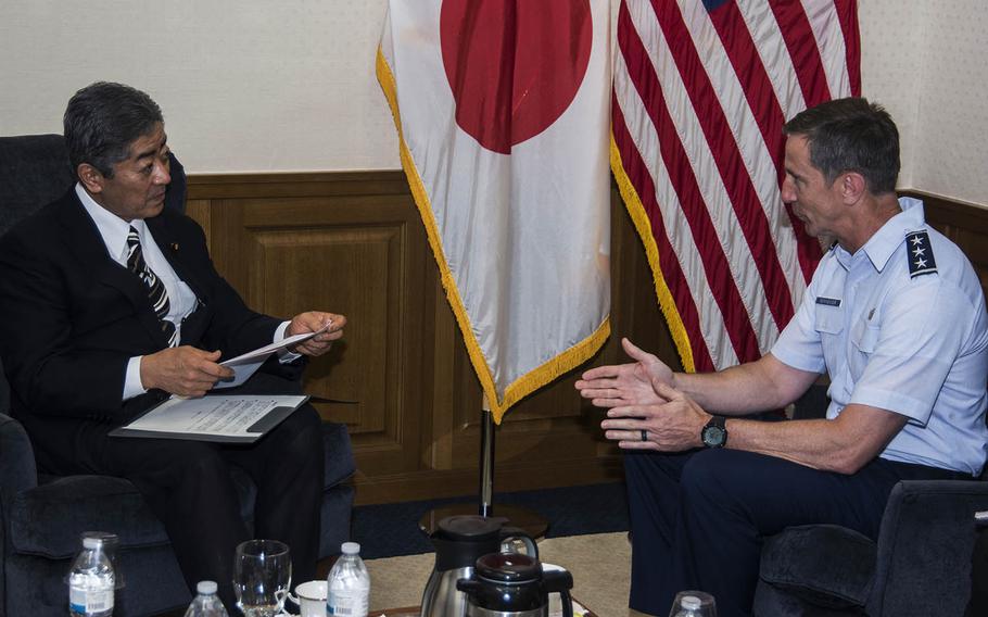 U.S. Forces Japan commander Lt. Gen. Kevin Schneider meets with Defense Minister Takeshi Iwaya at Yokota Air Base, Japan, Wednesday, June 19, 2019.