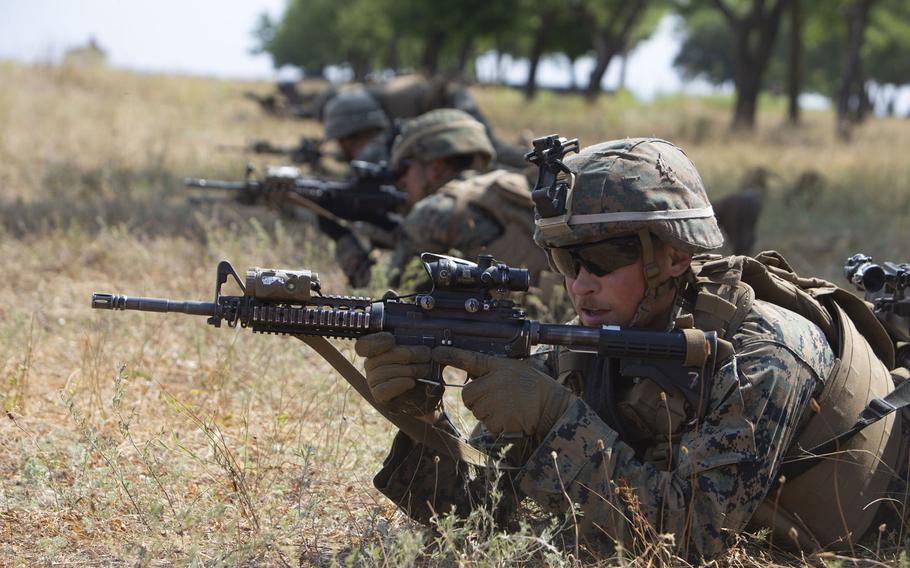 U.S. Marines prepare to buddy rush during Sea Breeze 19 in Chabanka, Ukraine, July 3, 2019. The Corps has announced some retention bonuses for fiscal year 2020.