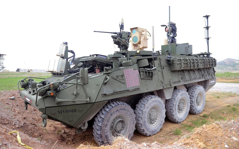 A Stryker equipped with a mobile experimental high-energy laser shot small fixed- and rotary-wing drones out of the sky using a five kilowatt fiber laser in April 2017 at Fort Sill, Okla., a first for the Army. The Army wants to add 50 kW lasers to Stryker vehicles by 2022.