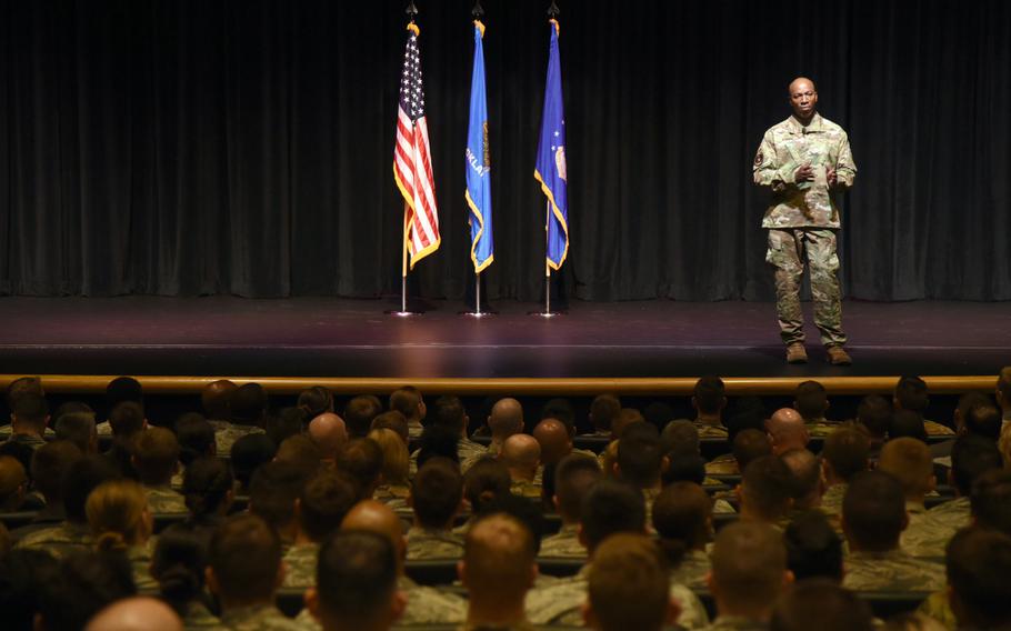 Chief Master Sgt. of the Air Force Kaleth O. Wright speaks to airmen during a visit to Tinker Air Force Base, Okla., July 30, 2019. Among the issues Wright covered during the talk were possible changes to the Air Force physical fitness test.