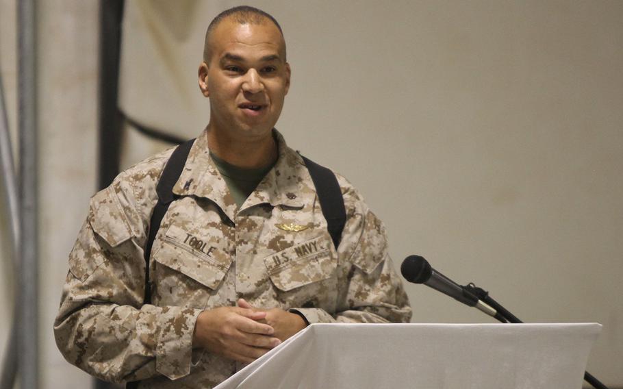 Navy Capt. Theron Toole speaks at Camp Leatherneck, Afghanistan, Oct. 13, 2012.