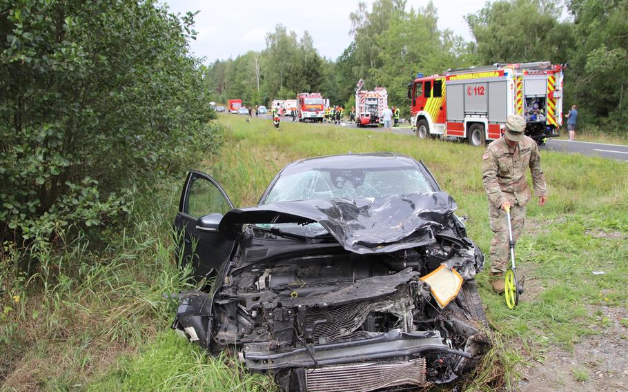 Four people, including a soldier and U.S. civilian, were seriously injured in a car crash on the road between Vilseck and Freihung, Aug. 15, 2019. Two helicopters and firefighters from five stations were called to the scene.