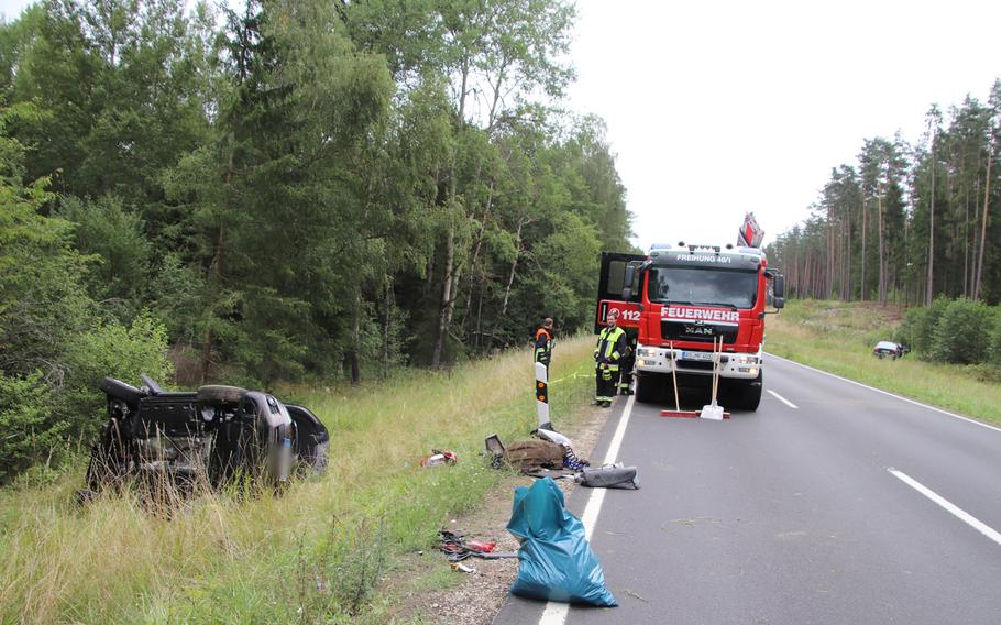 Four people, including a soldier and U.S. civilian, were seriously injured in a car crash on the road between Vilseck and Freihung, Aug. 15, 2019. Two helicopters and firefighters from five stations were called to the scene.