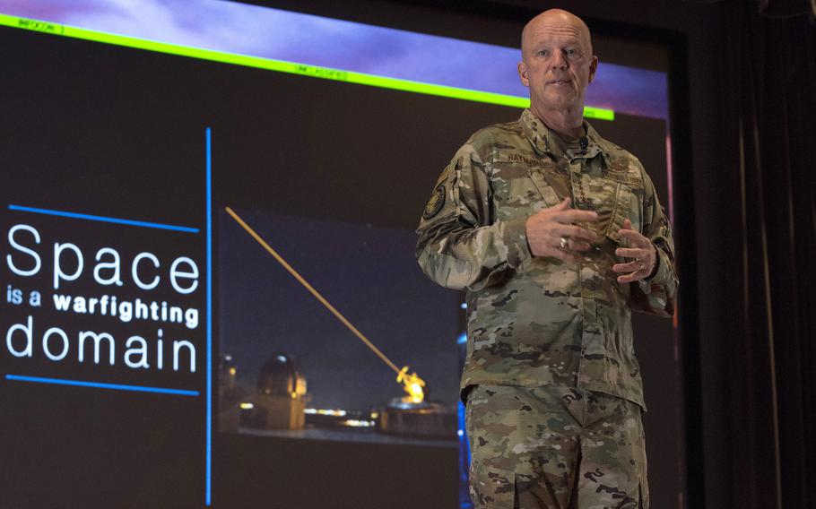 Gen. John W. Raymond, the commander of Air Force Space Command and the Joint Force Space Component Command, at an all-call on July 2, 2019, at Vandenberg Air Force Base, Calif. R