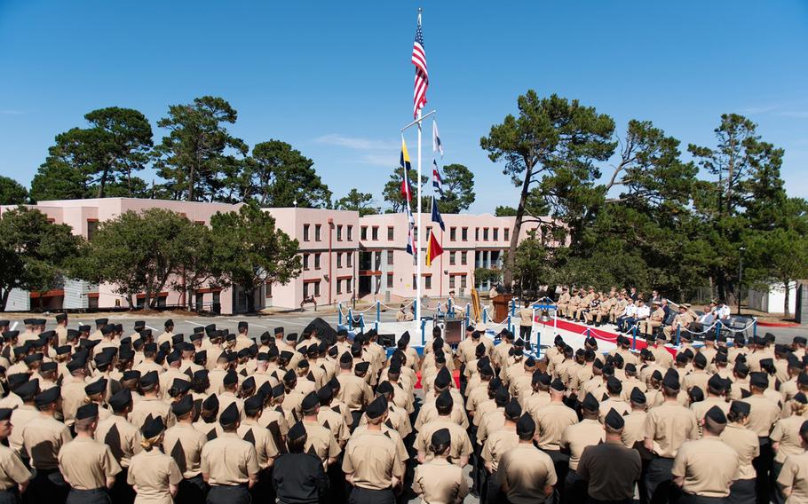 Sailors attached to Information Warfare Training Command Monterey stand in formation during a ceremony on Wednesday, Aug. 21, 2019, at the Presidio of Monterey to dedicate the command training stage and surrounding buildings in honor of Senior Chief Shannon Kent.