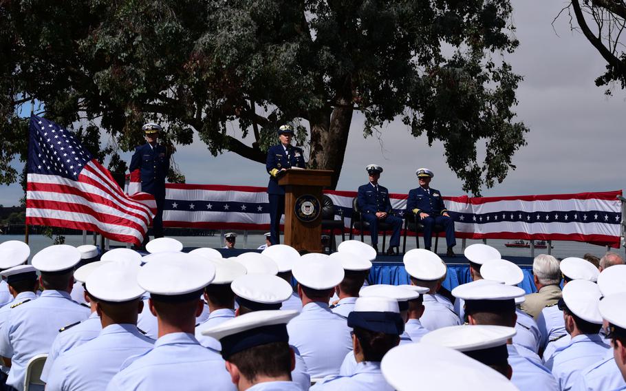 Coast Guard Vice Adm. Linda Fagan, Pacific Area commander, speaks during a ceremony on Coast Guard Island in Alameda, Calif., Sept. 3, 2019, prior to posthumously presenting Purple Heart medals to the families of two Coast Guardsmen who died when the Coast Guard Cutter Tampa was sunk by a German U-boat on Sept. 26, 1918.