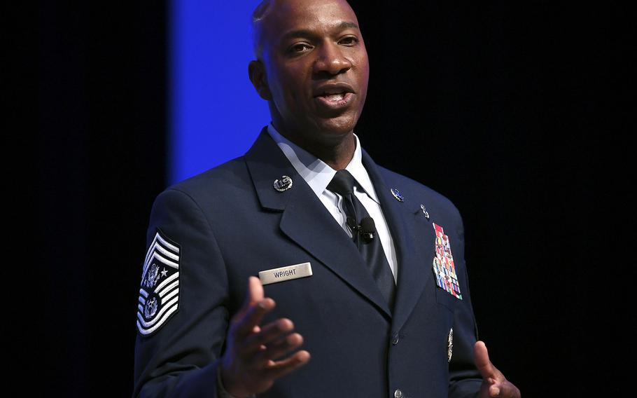 Chief Master Sgt. of the Air Force Kaleth O. Wright delivers a speech during the Air Force Association Air, Space and Cyber Conference in National Harbor, Md., Sept. 18, 2019.