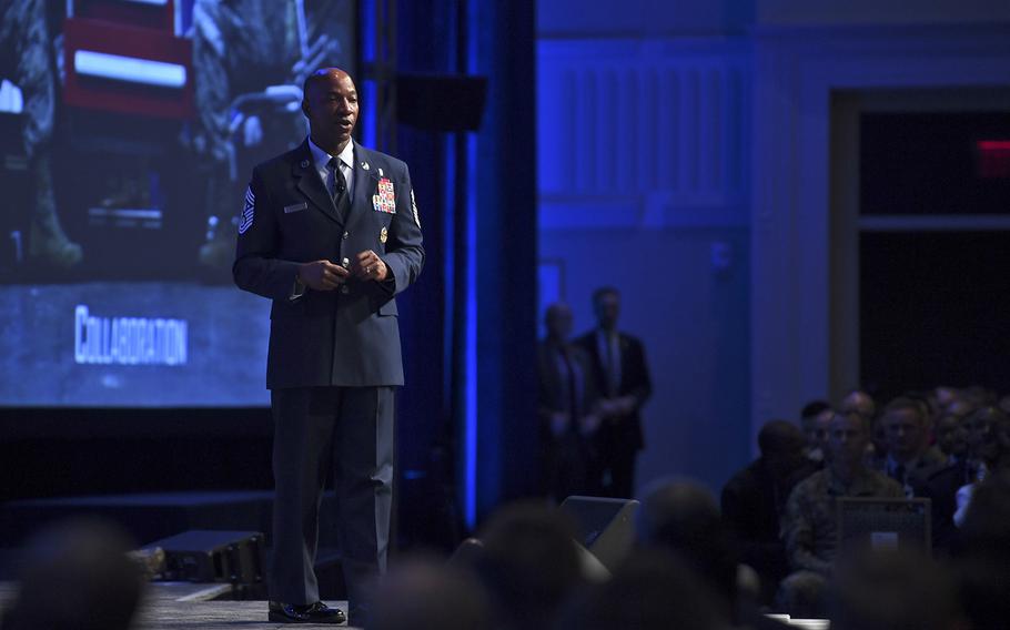 Chief Master Sgt. of the Air Force Kaleth O. Wright delivers a speech during the Air Force Association Air, Space and Cyber Conference in National Harbor, Md., Sept. 18, 2019.