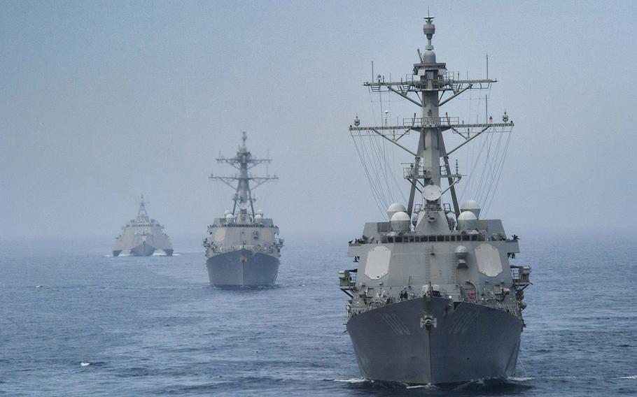 The Arleigh Burke-class guided-missile destroyers USS Kidd, foreground, and USS Pinckney sail ahead of the littoral combat ship USS Omaha in the eastern Pacific Ocean, July 25, 2019.