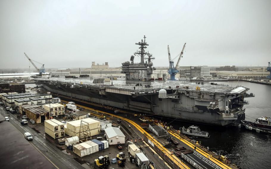 The aircraft carrier USS George H.W. Bush arrives at Norfolk Naval Shipyard in Portsmouth, Va., Feb. 21, 2019.