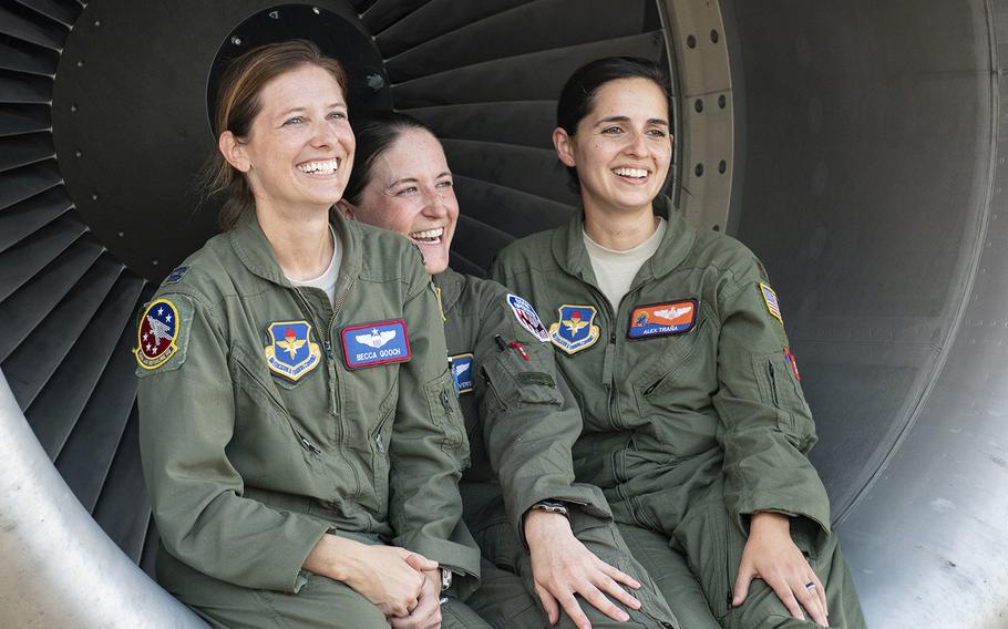 Left to right: Capt. Rebecca Gooch, a KC-135 Stratotanker instructor pilot; Master Sgt. Samantha Converse, a KC-135 instructor/evaluator boom operator; and Maj. Alexandra Trana, a KC-135 instructor pilot, pose at Alliance Airfield in Fort Worth, Texas, Sept. 18, 2019.