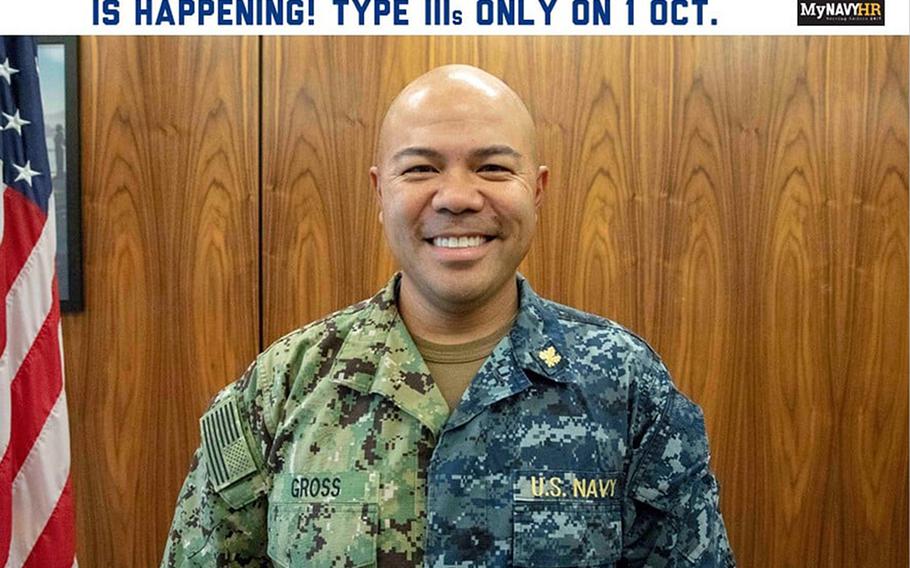 In an image from the Navy's Chief of Naval Personnel Facebook page, a sailor poses in both Type I and III Navy working uniforms. The Type 1 uniform, informally dubbed a blueberry, will no longer be authorized for wear starting October 1, 2019.