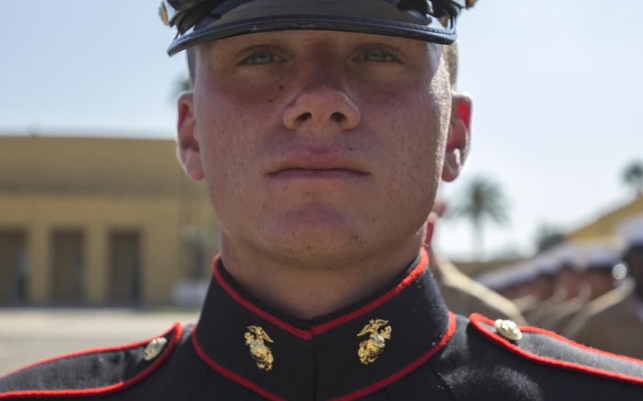 Pfc. Brendan M. Bialy, the 18-year-old guide of Platoon 2147, Golf Company, 2nd Recruit Training Battalion. Bial helped tackle and disarm a gunman during a shooting at his high school in Highlands Ranch, Colo., earlier this year.