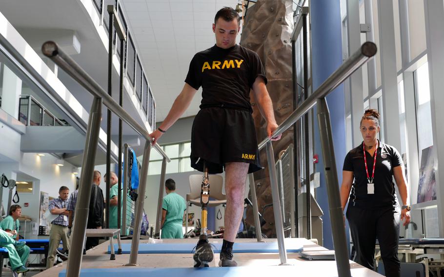 Spc. Ezra Maes undergoes physical rehabilitation at the Center for the Intrepid, Brooke Army Medical Center's cutting-edge rehabilitation center on Joint Base San Antonio-Fort Sam Houston, Oct. 2, 2019.