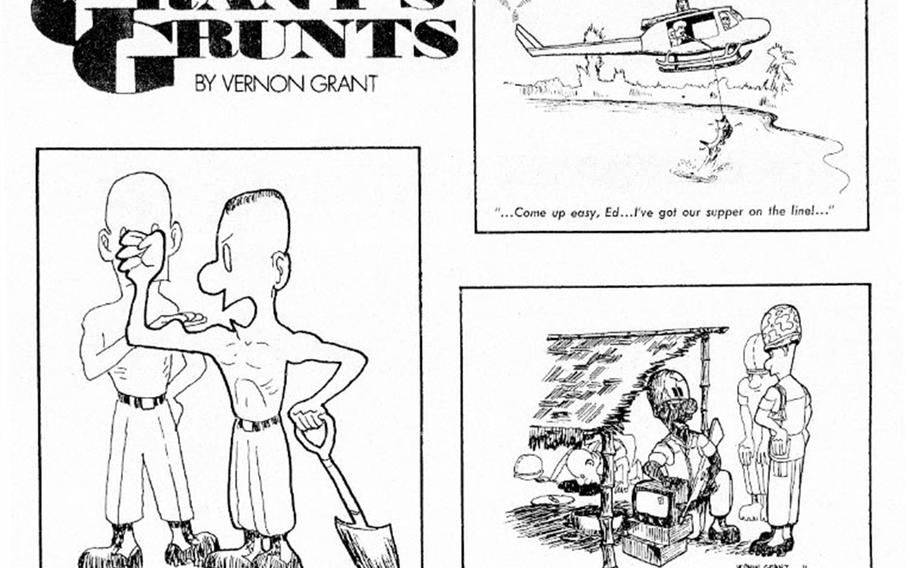 Counter clockwise from bottom left, these cartoons by Vernon Grant read, "... That's 117 pounds of sand bag-filling, Cong-killing terror yer feeling! ..." 
" ... They can't be too far away Colonel ... Their television is still warm! ..."
" ... Come up easy, Ed ... I've got supper on the line! ..."
