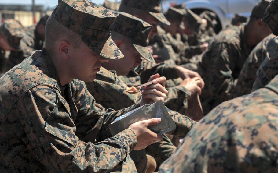 U.S. Marine Corps recruits eat Meals, Ready to Eat at Marine Corps Logistics Base Albany, Ga., Sept 4, 2019. A study published in October 2019 found that eating only MREs for 21 days has hardly any negative impact on gut microbiota and digestion.