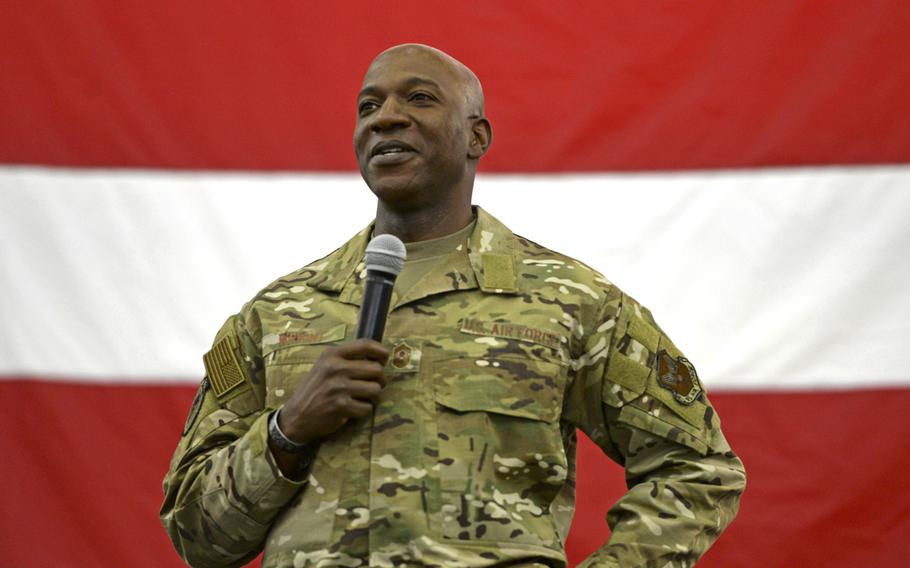 Chief Master Sgt. of the Air Force Kaleth O. Wright addresses airmen at Eielson Air Force Base, Alaska, June 12, 2019. Wright confirmed that airmen will be able to enlist indefinitely starting Nov. 18, an issue he has pushed for since 2017.