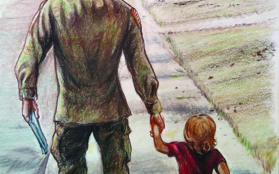 An illustration from the book ''Brave for My Family,'' drawn by Green Beret officer Dave Whetstone, depicts the soldier with his son Davidson — the book's author, who was 3 at the time — before he deployed to Afghanistan in 2013.