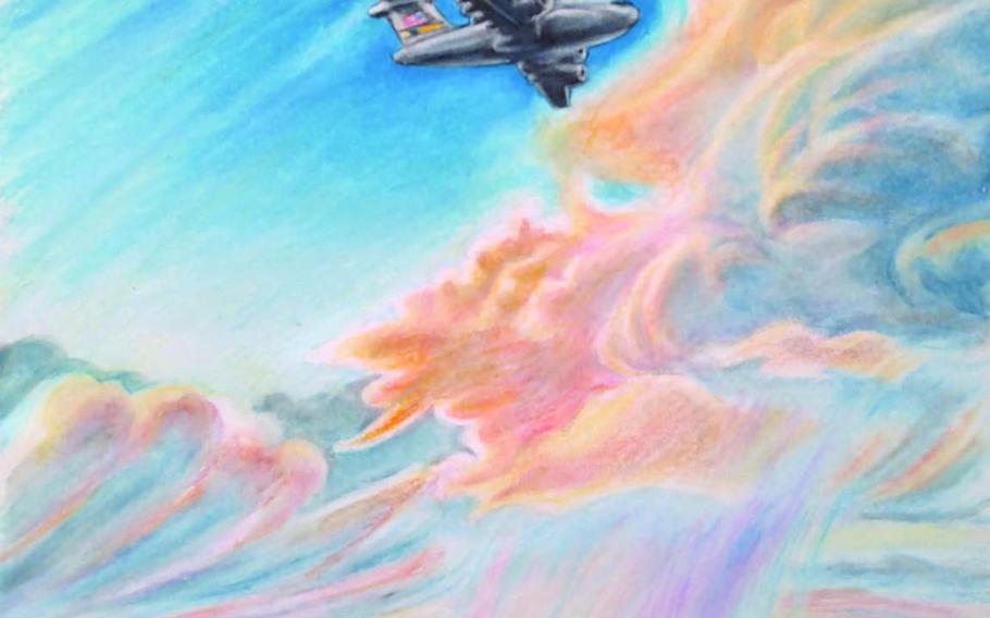 An illustration from Davidson Whetstone's book shows a military aircraft taking his father, Dave, back to Afghanistan on a Special Forces deployment after recuperating from wounds he received in combat in 2013. 