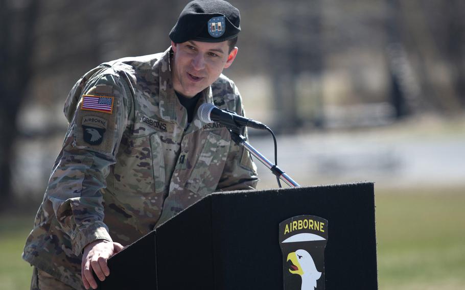 Incoming commander of the Sabalauski Air Assault School, Capt. Kevin Gibbons, gives a speech during his change of command ceremony, March 6, 2019. A recently published Rand Corp report says company-level leaders work an average of 12.5 hours a day.