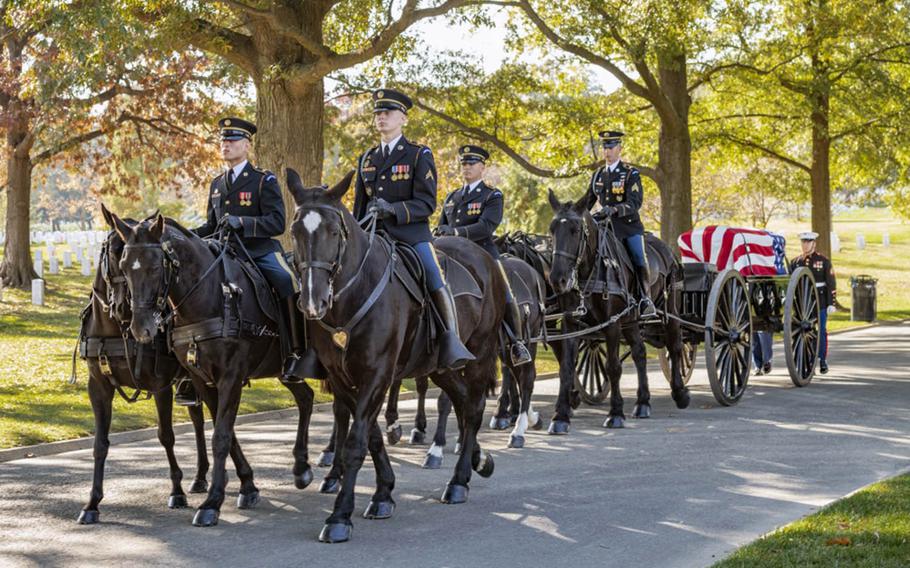 The 3d U.S. Infantry Regiment Caisson Platoon and a Marine escort conducts a military funeral for Marine Col. Jaime Sabater at Arlington National Cemetery, Arlington, Va., Nov. 6, 2019.