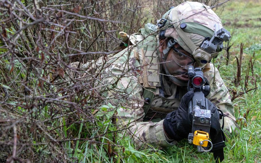 Sgt. Jeffrey Pettigrew, 2nd Cavalry Regiment, provides security during a simulated attack at the Dragoon Ready exercise in Hohenfels, Germany, Nov. 5, 2019. The regiment will soon be heading to Poland to take over a NATO mission from the Tennessee National Guard.