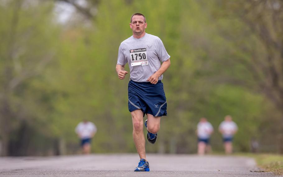 Tech Sgt. Calvin Campbell, 138th Fighter Wing, completes a run during an annual physical fitness assessment, April 7, 2019.