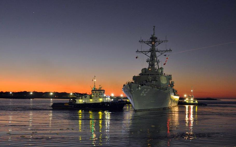 The USS Fitzgerald departs a shipyard in Pascagoula, Miss., for comprehensive at-sea testing, Tuesday, Feb. 3, 2020. Seven sailors were killed aboard the guided-missile destroyer when it collided with a commercial vessel near Japan on June 17, 2017.