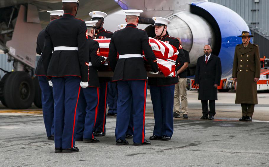 Marine Corps Base Quantico Ceremonial Platoon provided honors for Lt. Col. Paul C. Hudson at Dulles International Airport, Sterling Va., Feb. 5, 2020, after his body was returned from Australia. Hudson was one of three Americans killed in January 2020 when their C-130 Hercules Aerial Water Tanker crashed while battling wildfires in Australia.