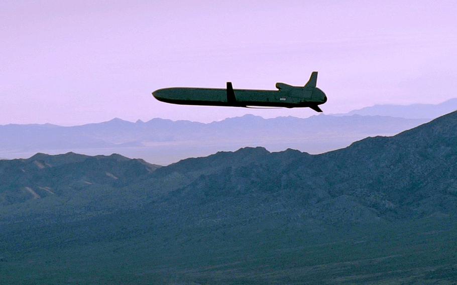 An unarmed AGM-86B Air-Launched Cruise Missile maneuvers over the Utah Test and Training Range en route to its target, Sept. 22, 2014. The Air Force has selected Raytheon Co. to continue development of its next generation air-launched nuclear cruise missile to equip its B-52 and B-21 bombers.