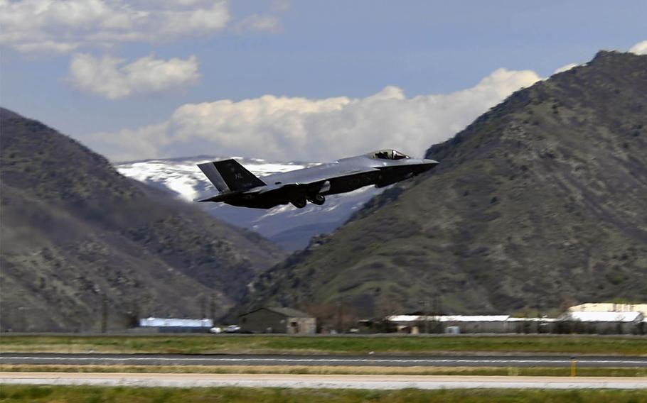 An F-35A Lightning II fighter jet from the 388th Fighter Wing at Hill Air Force Base, Utah, takes off for Eielson Air Force Base, Alaska, April 27, 2020.