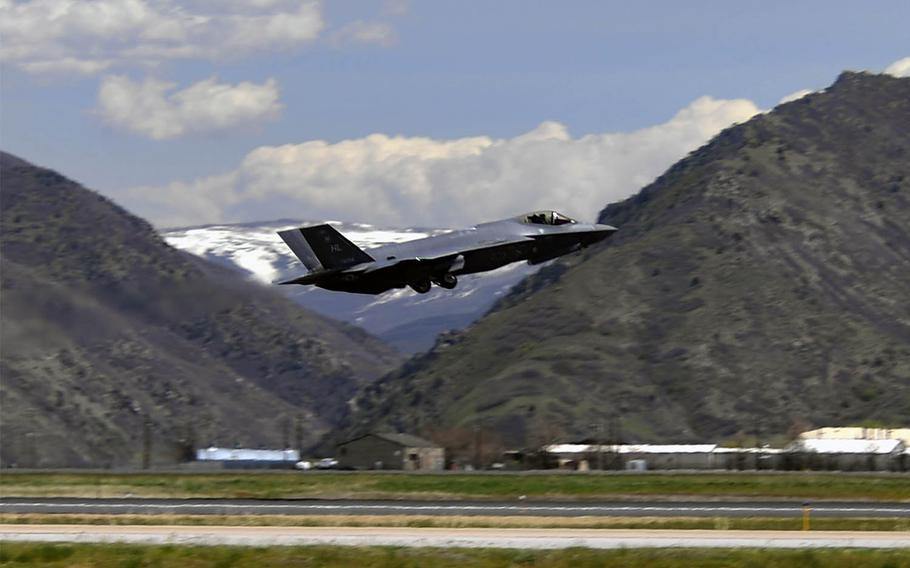 An F-35A Lightning II fighter jet from the 388th Fighter Wing at Hill Air Force Base, Utah, takes off for Eielson Air Force Base, Alaska, April 27, 2020.