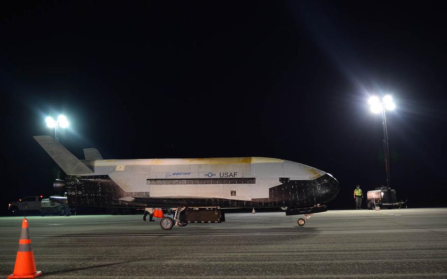 The X-37B Orbital Test Vehicle touches down at NASA's Kennedy Space Center Shuttle Landing Facility in Florida, Oct. 27, 2019.