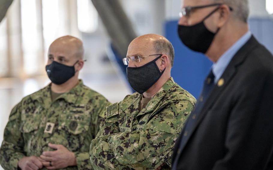 Chief of Naval Operations Adm. Mike Gilday, center, visits Recruit Training Command in Great Lakes, Ill., Thursday, May 7, 2020, with acting Secretary of the Navy James McPherson, right, and Master Chief Petty Officer of the Navy Russell Smith.