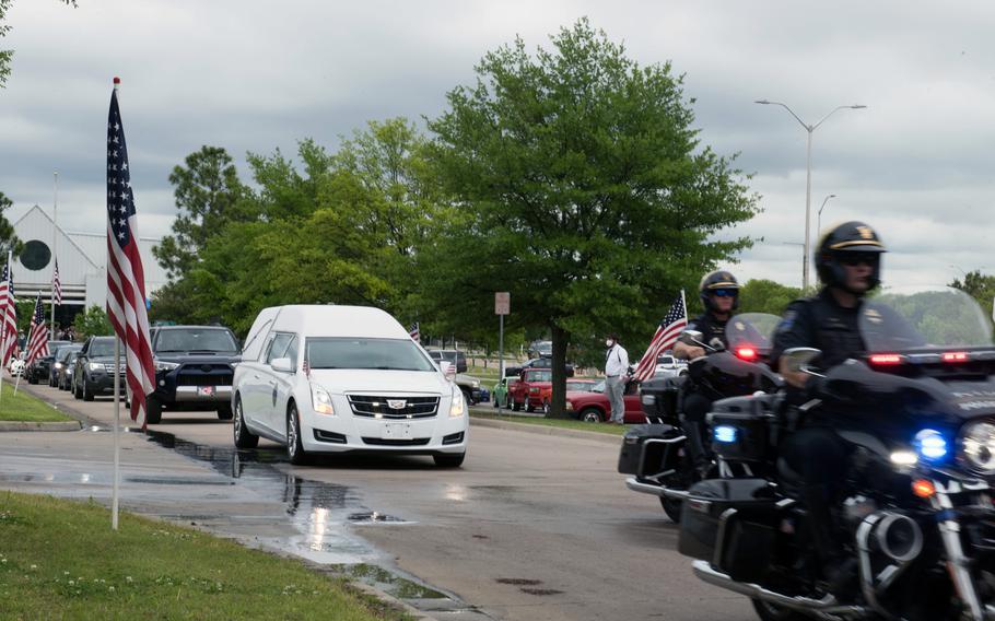 A funeral procession for Tech. Sgt. Marshal Roberts, 138th Fighter Wing, departs his memorial service in Claremore, Okla., on May 16, 2020. While deployed in support of Operation Inherent Resolve with the 219th Engineering Installation Squadron, Roberts was killed when his base in Iraq was struck by multiple rockets in March.