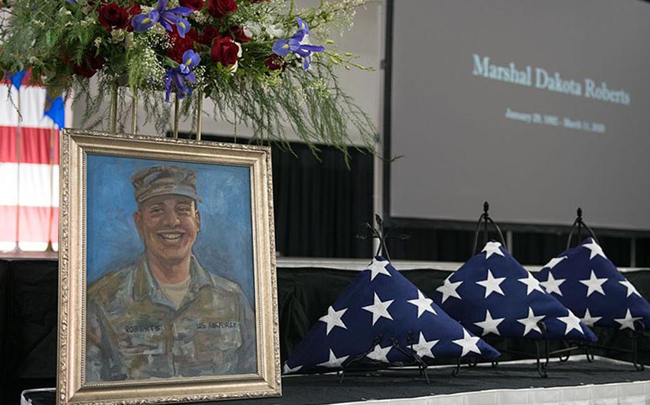 A memorial service  held for Tech. Sgt. Marshal Roberts, 138th Fighter Wing, in Claremore, Okla., on May 16, 2020. While deployed in support of Operation Inherent Resolve with the 219th Engineering Installation Squadron, Roberts was killed when his base was struck by multiple rockets on March 11, 2020.