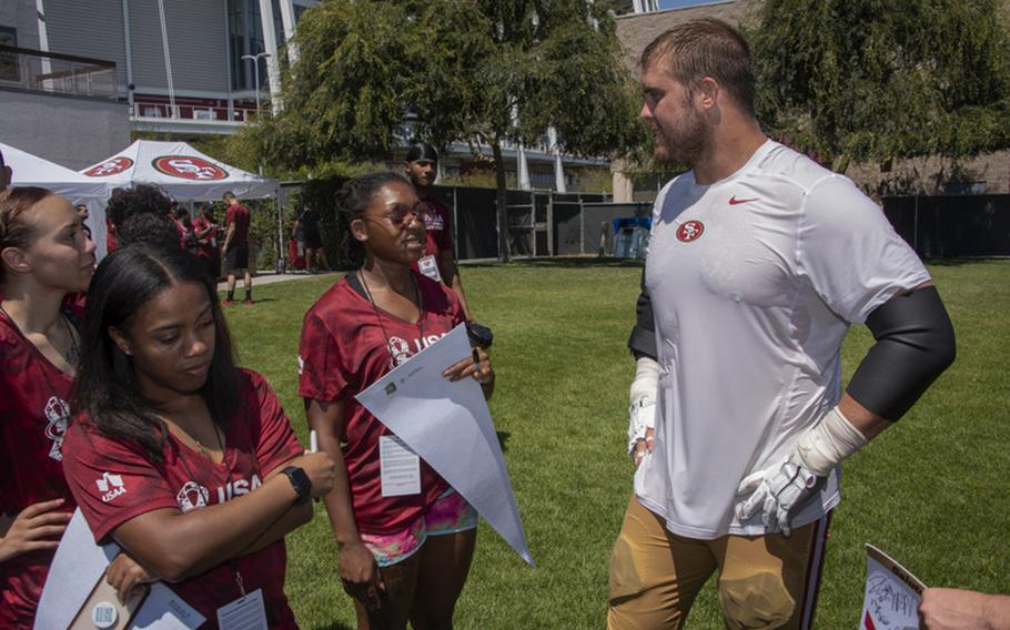 Ben Garland, San Francisco 49ers offensive lineman and a captain in the Air National Guard, meets with airmen from Travis Air Force Base, Calif., Aug. 13, 2019, during the Salute to Service Boot Camp event in Santa Clara, Calif.
